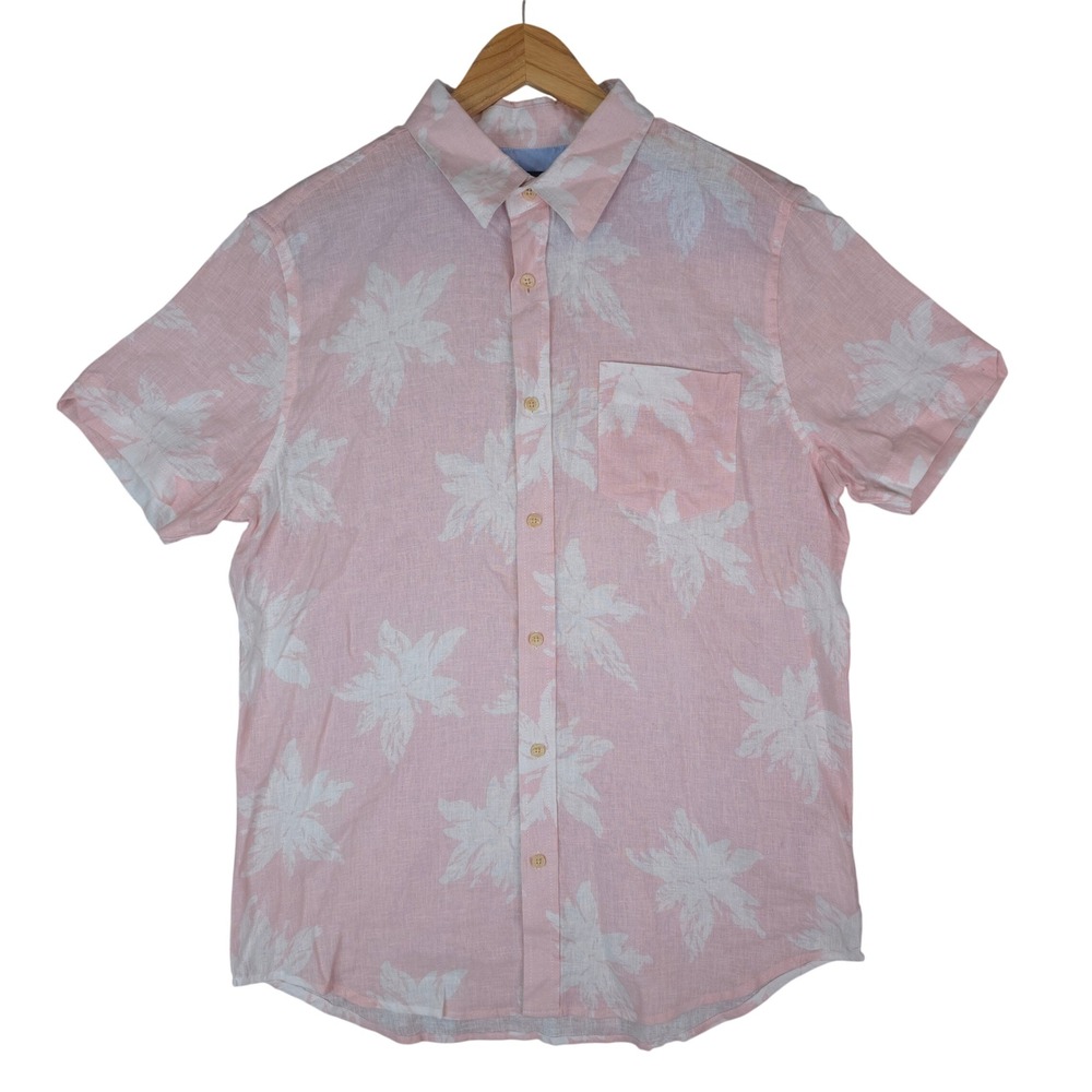 Ben Sherman Button Up Shirt Mens Large Pink Linen Blend Floral Leaf Short Sleeve